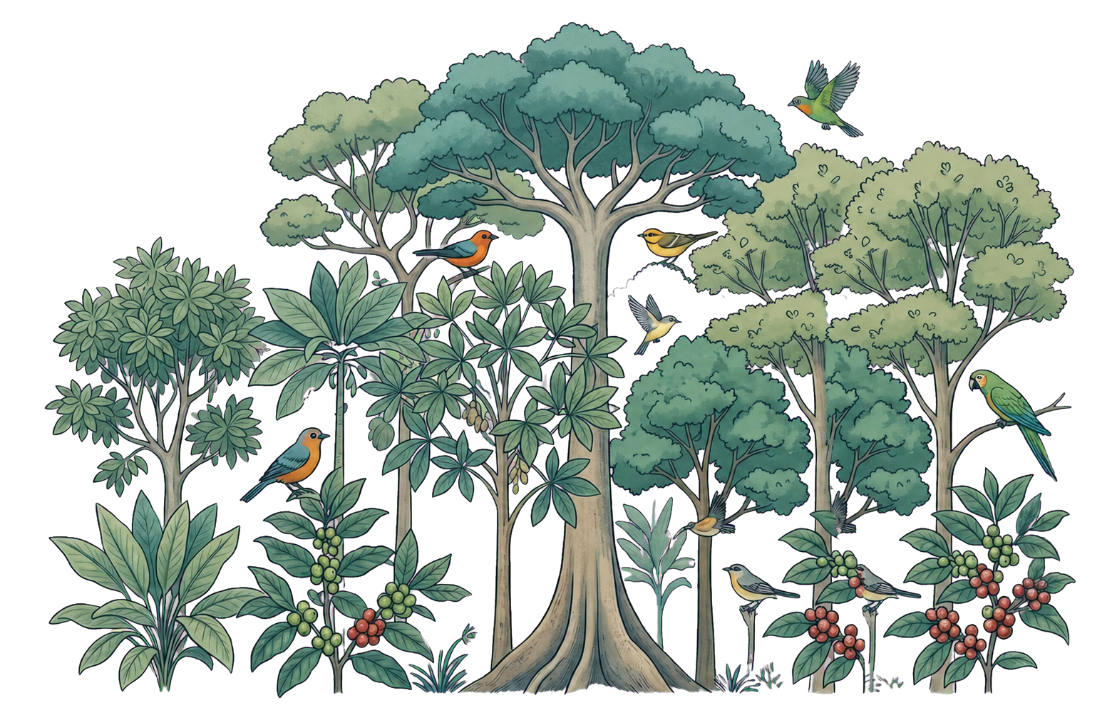 A layered shade-grown coffee forest alive with diverse trees and birds