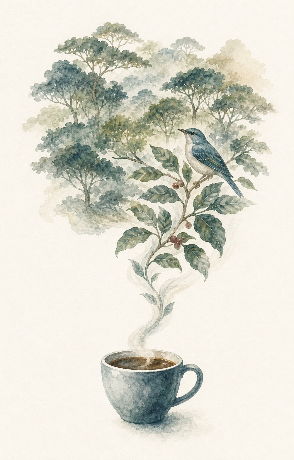 A watercolor coffee cup whose steam becomes a living forest canopy with a songbird perched on a coffee branch